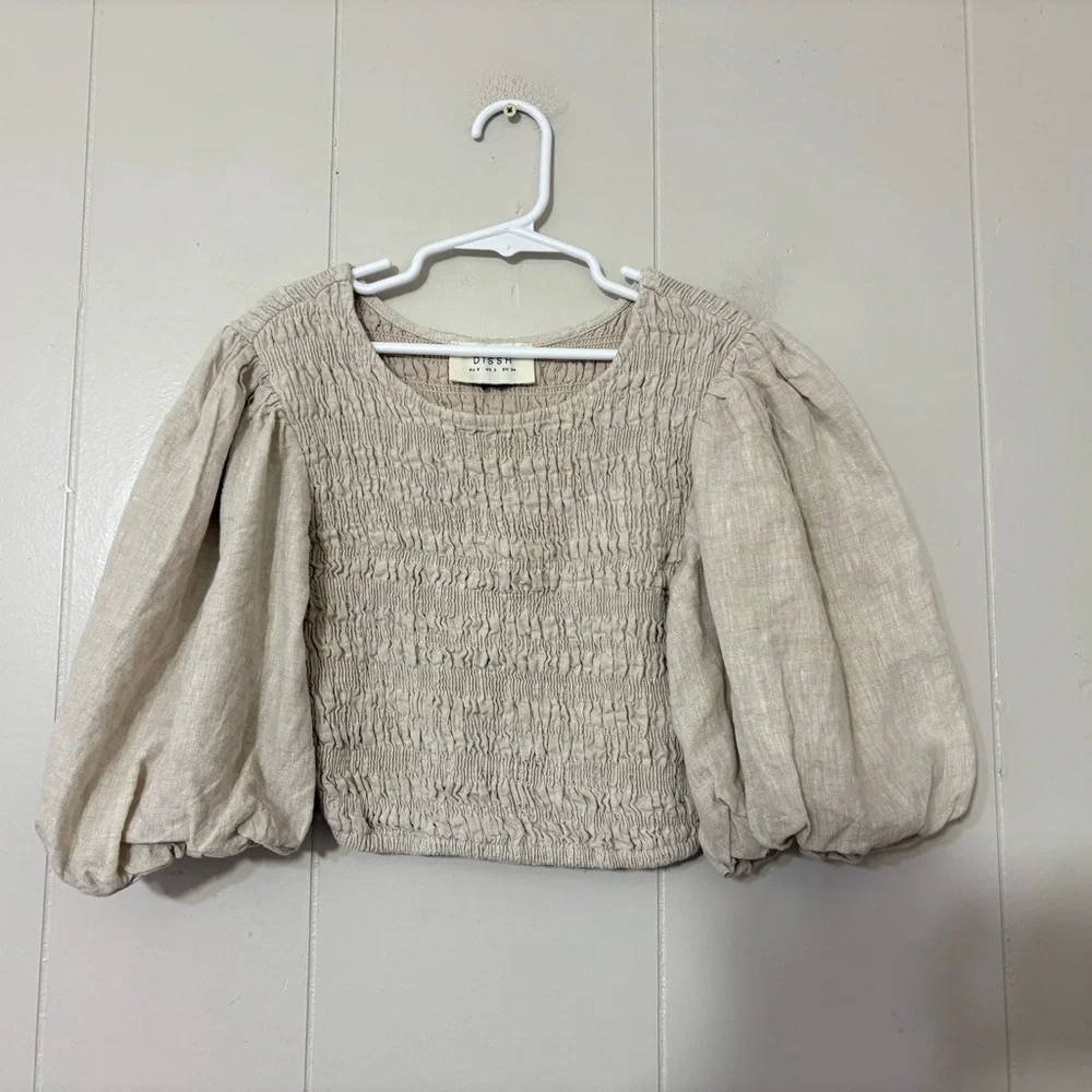 DISSH Frankie Natural Linen Shirred Crop Top Puff Sleeves Size 2 - Picture 2 of 7